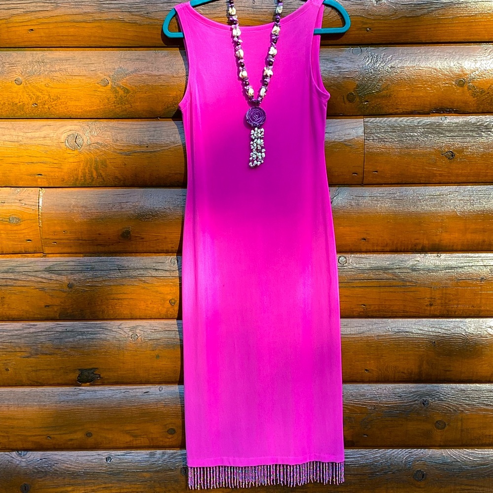 🌺 BARBIE PINK BEADED BOTTOM SEXY Dress Sz Medium Necessary Objects Y2K